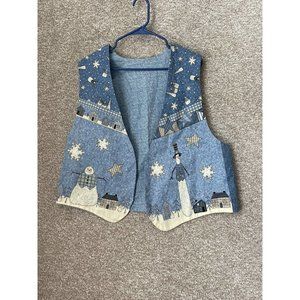 Woman’s Handmade Christmas Snowman Open Front Blue Vest
